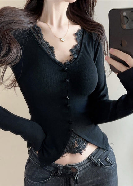 Casual Black V Neck Patchwork Cotton Shirts Spring YP009 ABC