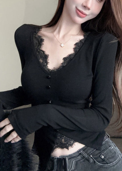 Casual Black V Neck Patchwork Cotton Shirts Spring YP009 ABC