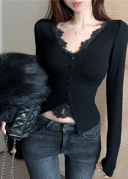 Casual Black V Neck Patchwork Cotton Shirts Spring YP009 ABC