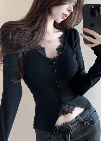 Casual Black V Neck Patchwork Cotton Shirts Spring YP009 ABC