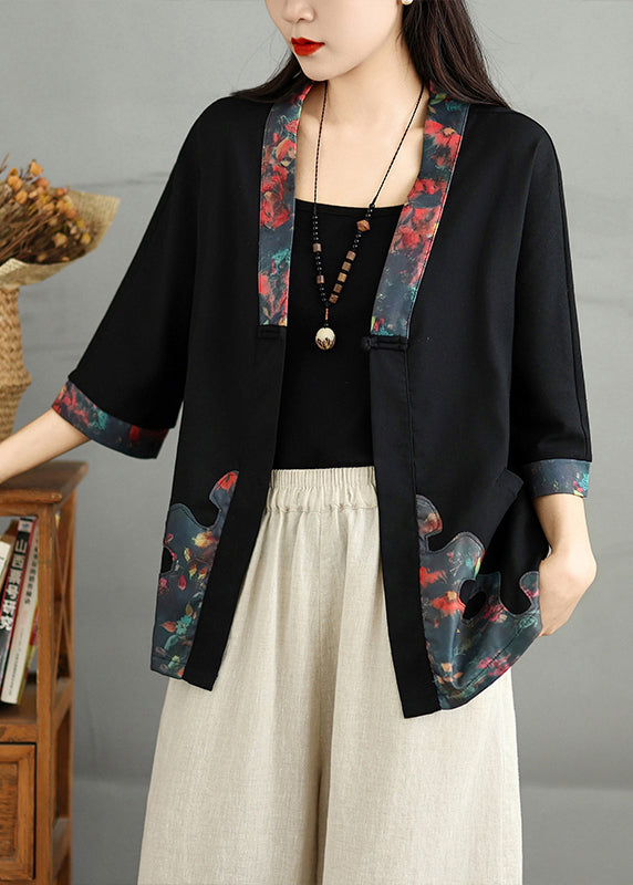 Cardigans Casual Cotton Neck V Button Fall Black Print FashionChic