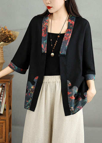 Cardigans Casual Cotton Neck V Button Fall Black Print FashionChic