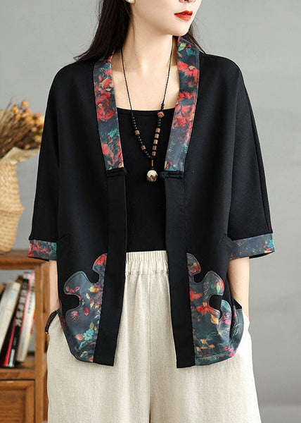 Cardigans Casual Cotton Neck V Button Fall Black Print FashionChic