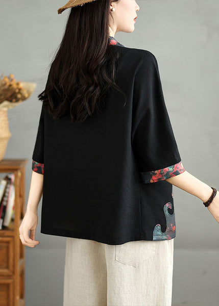 Cardigans Casual Cotton Neck V Button Fall Black Print FashionChic