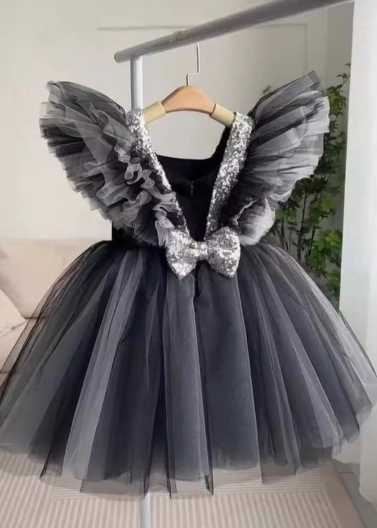 Patchwork Neck Tulle Casual Dress Girls V Summer Long Black FashionChic