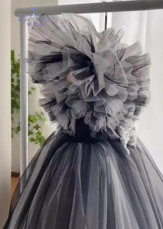 Patchwork Neck Tulle Casual Dress Girls V Summer Long Black FashionChic