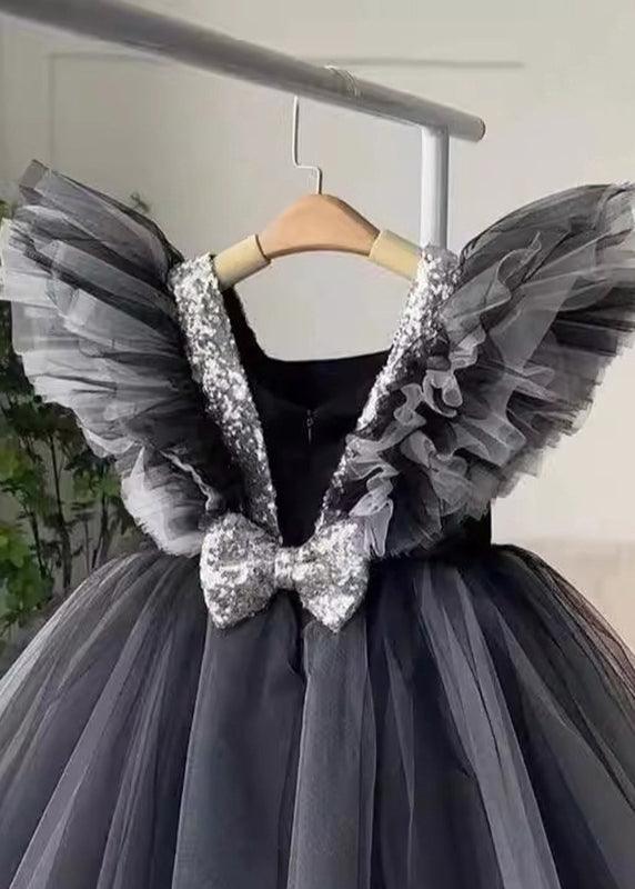 Patchwork Neck Tulle Casual Dress Girls V Summer Long Black FashionChic