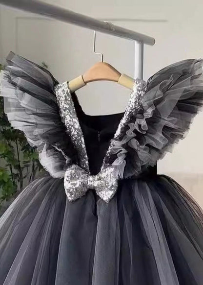 Patchwork Neck Tulle Casual Dress Girls V Summer Long Black FashionChic