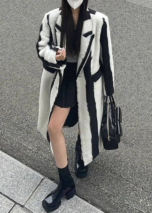 Casual Black White Striped Notched Button Woolen Maxi Coats Winter RP001 ABC