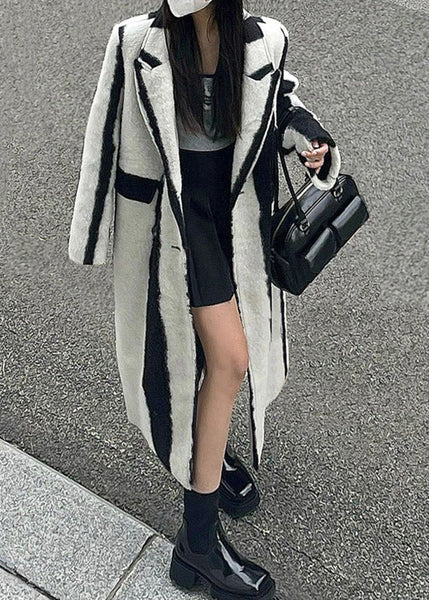 Casual Black White Striped Notched Button Woolen Maxi Coats Winter RP001 ABC