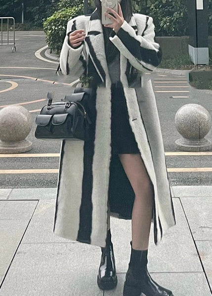 Casual Black White Striped Notched Button Woolen Maxi Coats Winter RP001 ABC