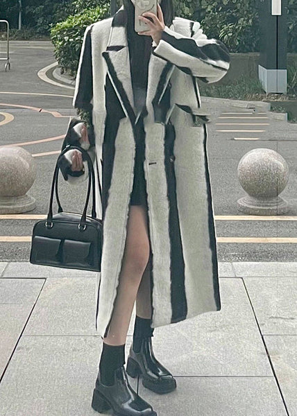 Casual Black White Striped Notched Button Woolen Maxi Coats Winter RP001 ABC