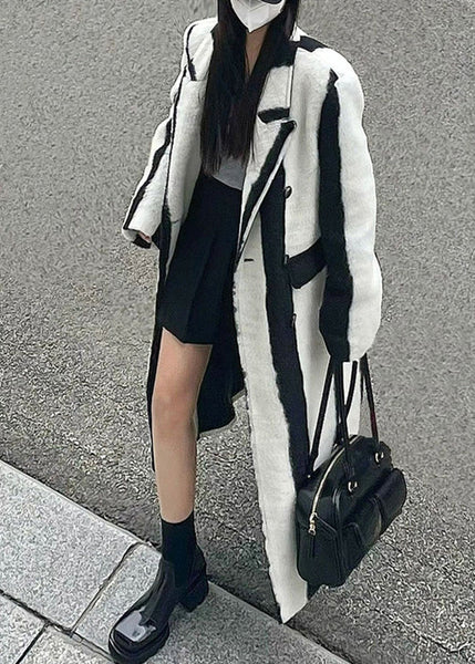 Casual Black White Striped Notched Button Woolen Maxi Coats Winter RP001 ABC
