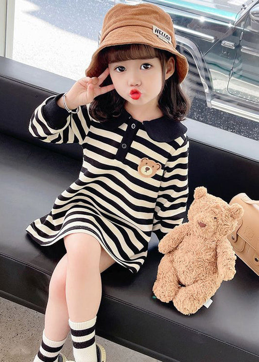 Casual Black White Striped Peter Pan Collar Print Kids Mid Dress Fall SS1051 MM-RCTZ-FDM240601