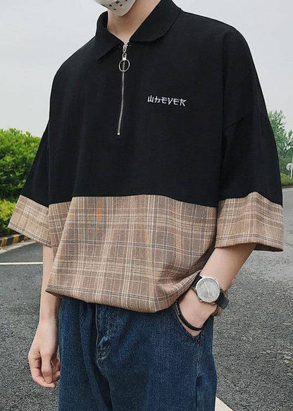 Casual Up Patchwork Black Apparel Men Shirts Zip Cotton Polo FashionChic