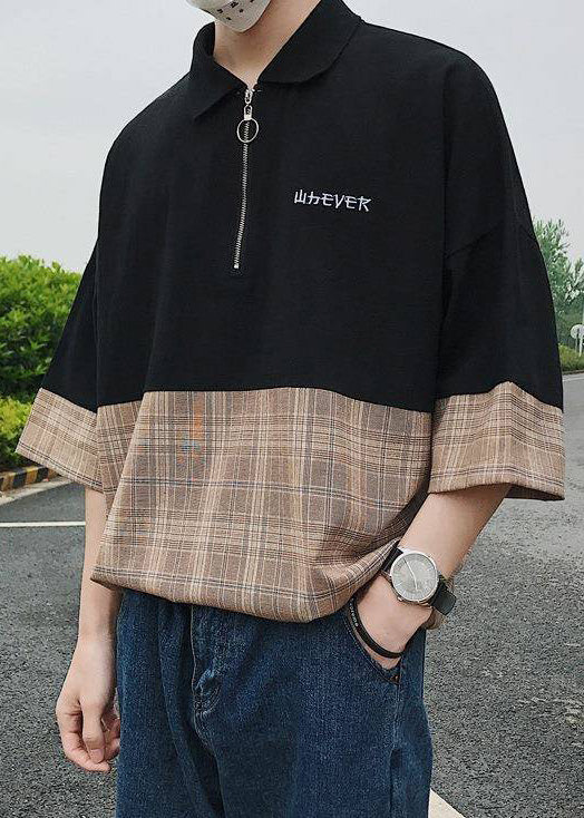Casual Up Patchwork Black Apparel Men Shirts Zip Cotton Polo FashionChic