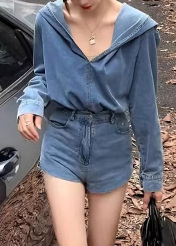 Casual Blue Denim Hooded Top And Shorts Two Pieces Set Spring RP007 ABC