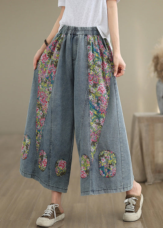 Pockets Summer Blue Elastic Crop Casual Jeans Waist Patchwork FashionChic