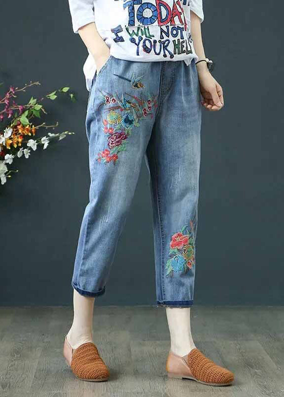 Embroidered Blue Ripped Summer Denim Pants Casual FashionChic