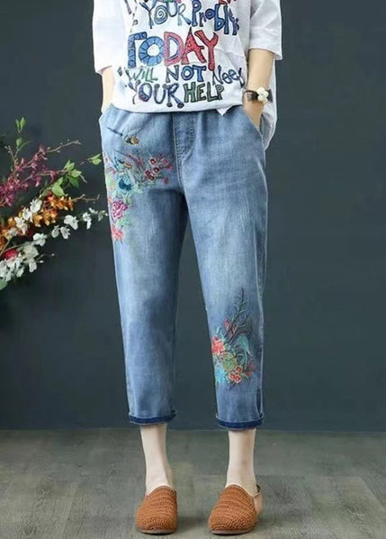 Embroidered Blue Ripped Summer Denim Pants Casual FashionChic