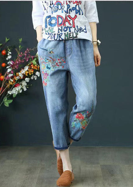 Embroidered Blue Ripped Summer Denim Pants Casual FashionChic