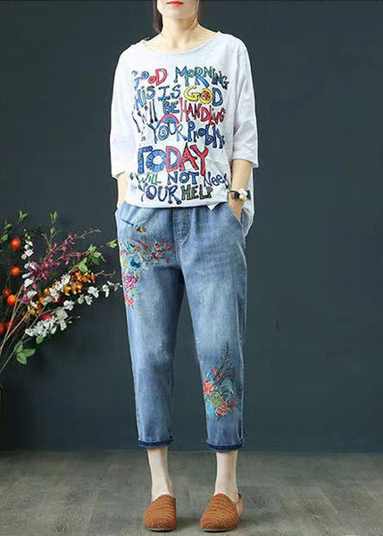 Embroidered Blue Ripped Summer Denim Pants Casual FashionChic