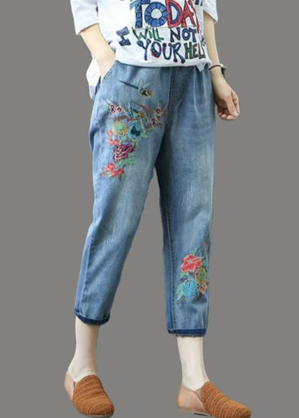 Embroidered Blue Ripped Summer Denim Pants Casual FashionChic