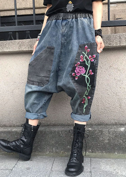 Casual Blue Embroidered Elastic Waist Denim Pants Summer FF061 MZF-LPTS240607