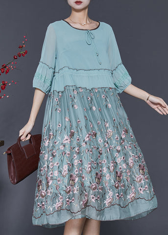 Casual Blue Embroidered Ruffled Silk Dress Half Sleeve SD1097 Ada Fashion