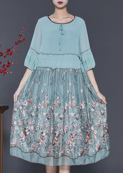 Casual Blue Embroidered Ruffled Silk Dress Half Sleeve SD1097 Ada Fashion