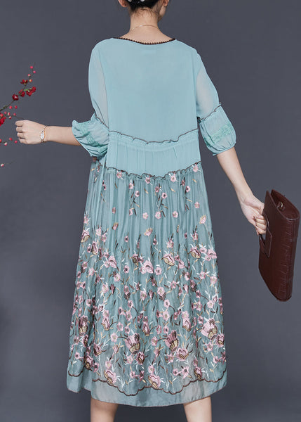 Casual Blue Embroidered Ruffled Silk Dress Half Sleeve SD1097 Ada Fashion