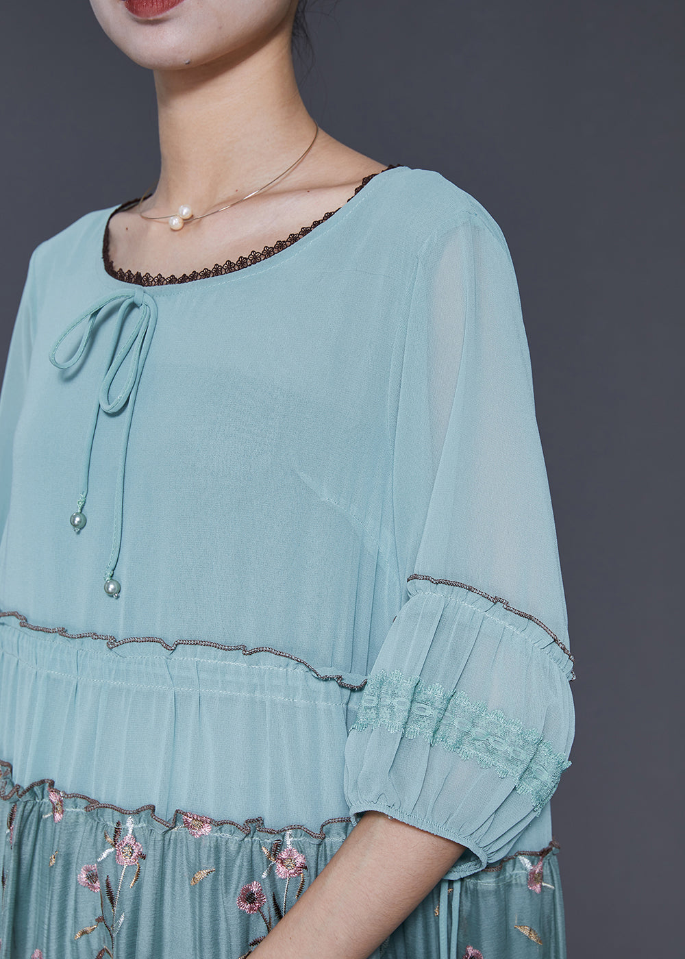 Casual Blue Embroidered Ruffled Silk Dress Half Sleeve SD1097 Ada Fashion