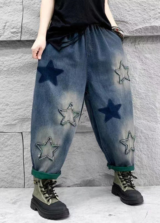 Casual Blue Five Pointed Star Patch Elastic Waist Denim Harlan Pants Spring QQ1007 Ada Fashion