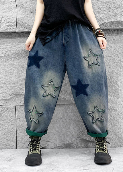 Casual Blue Five Pointed Star Patch Elastic Waist Denim Harlan Pants Spring QQ1007 Ada Fashion