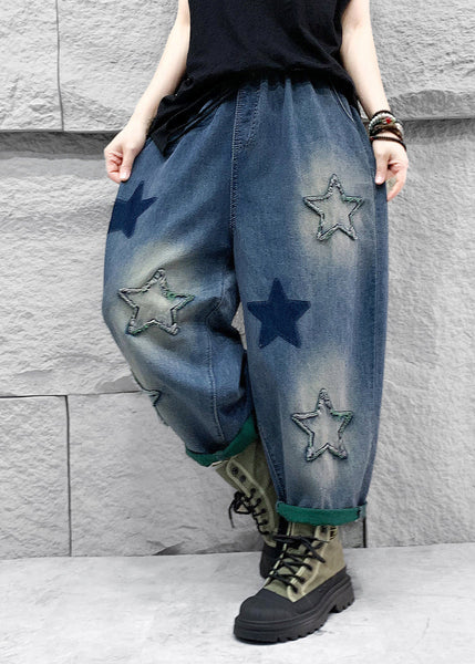 Casual Blue Five Pointed Star Patch Elastic Waist Denim Harlan Pants Spring QQ1007 Ada Fashion