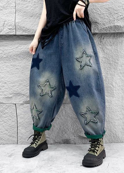 Casual Blue Five Pointed Star Patch Elastic Waist Denim Harlan Pants Spring QQ1007 Ada Fashion