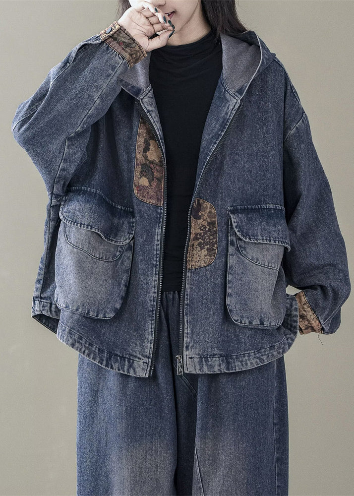 Blue Spring Patchwork Coats Casual Denim Hooded FashionChic