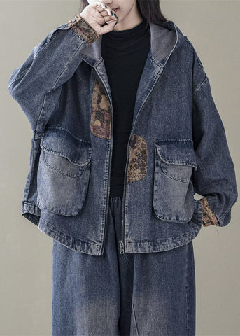 Blue Spring Patchwork Coats Casual Denim Hooded FashionChic