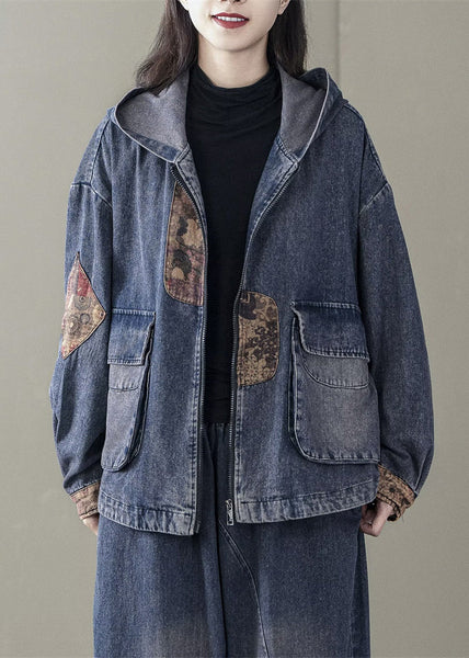 Blue Spring Patchwork Coats Casual Denim Hooded FashionChic