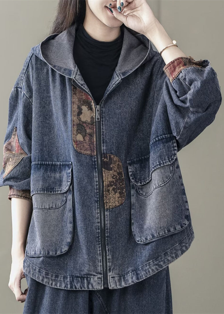 Blue Spring Patchwork Coats Casual Denim Hooded FashionChic
