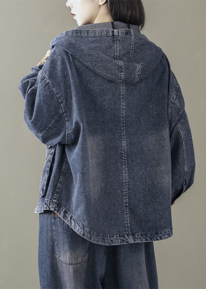 Blue Spring Patchwork Coats Casual Denim Hooded FashionChic