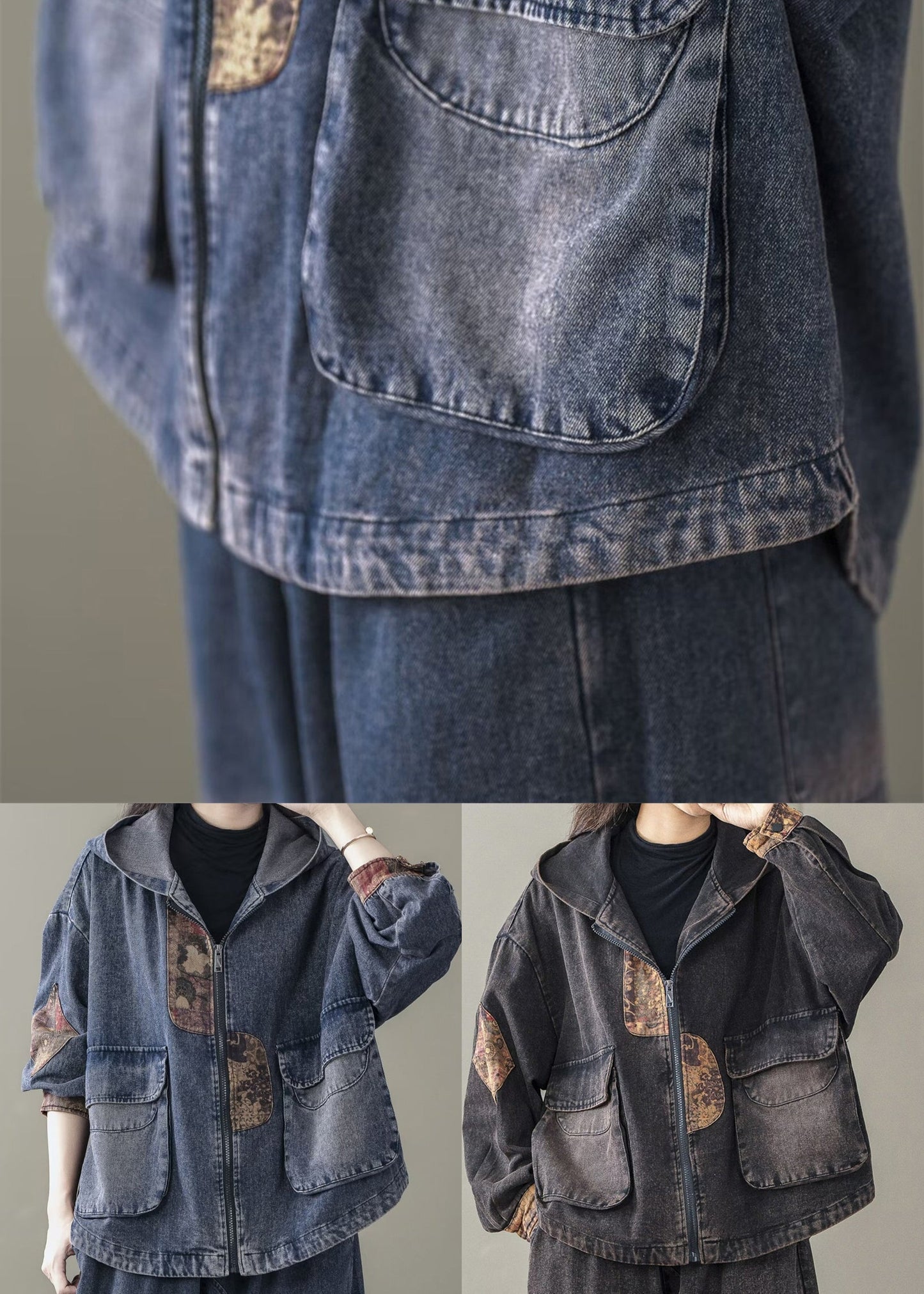 Blue Spring Patchwork Coats Casual Denim Hooded FashionChic
