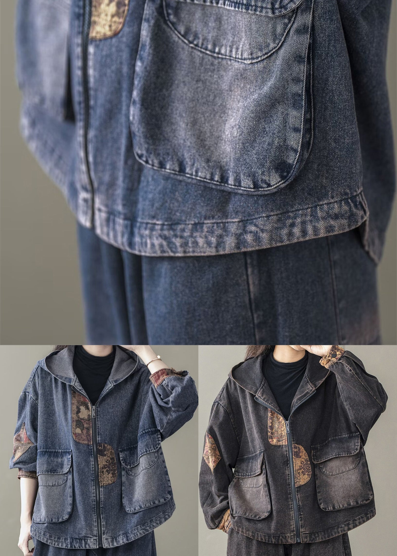 Blue Spring Patchwork Coats Casual Denim Hooded FashionChic