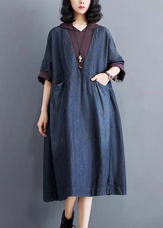 Casual Blue Hooded Patchwork Thin Denim Dress Summer AP078 GK-SDL240718