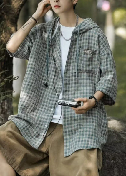 Button Casual Shirt Plaid Cotton Men Summer Blue Hooded FashionChic