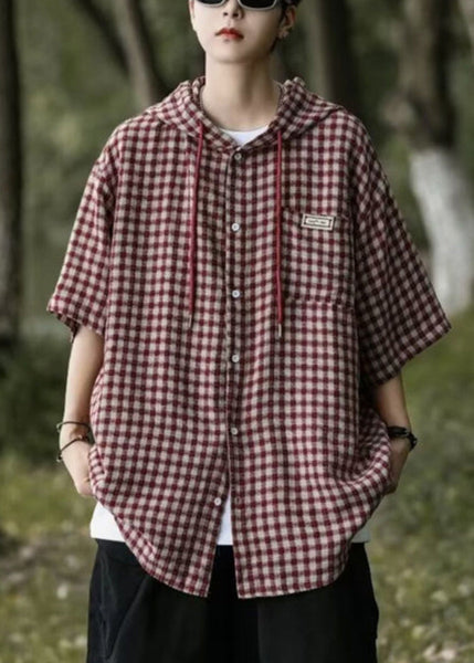 Button Casual Shirt Plaid Cotton Men Summer Blue Hooded FashionChic