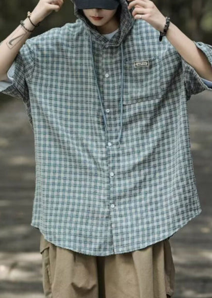 Button Casual Shirt Plaid Cotton Men Summer Blue Hooded FashionChic