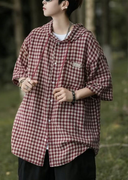 Button Casual Shirt Plaid Cotton Men Summer Blue Hooded FashionChic