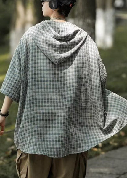 Button Casual Shirt Plaid Cotton Men Summer Blue Hooded FashionChic