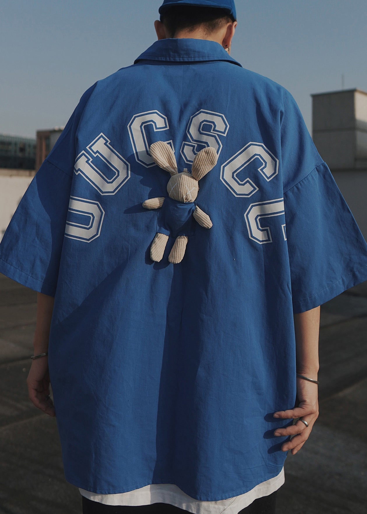 Casual Letter Oversized Men Shirts T Half Blue Cotton Patchwork FashionChic